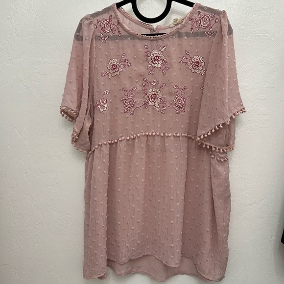 ODDY Tops - ODDY Detailed Mauve Embroidered Lace Chiffon Short Sleeve Blouse